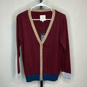 213 - Chaser NWT Maroon, Gold, Blue Cardigan Sweater, Size Medium